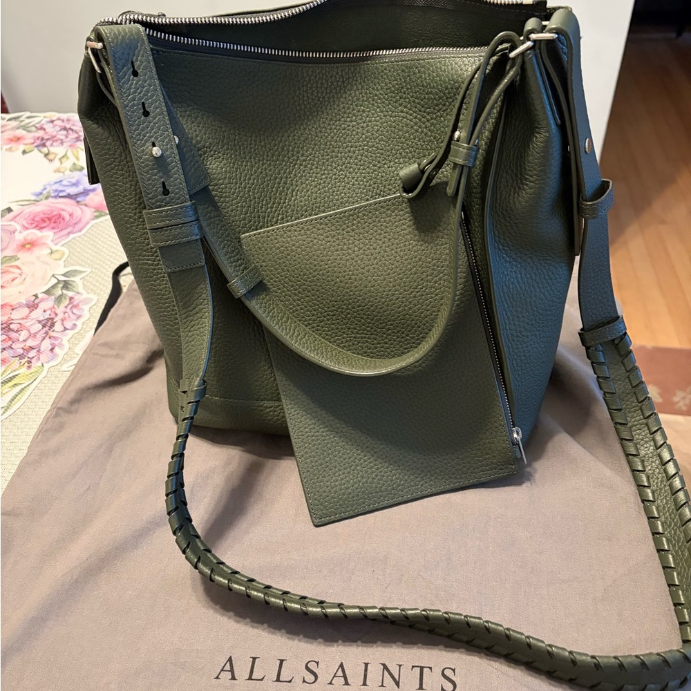 All Saints Olive Green Pebbled Leather Shoulder Bag